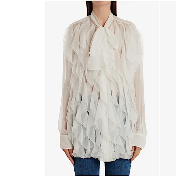 Ruffle Tie Neck Button-Up Silk Chiffon Blouse Valentino